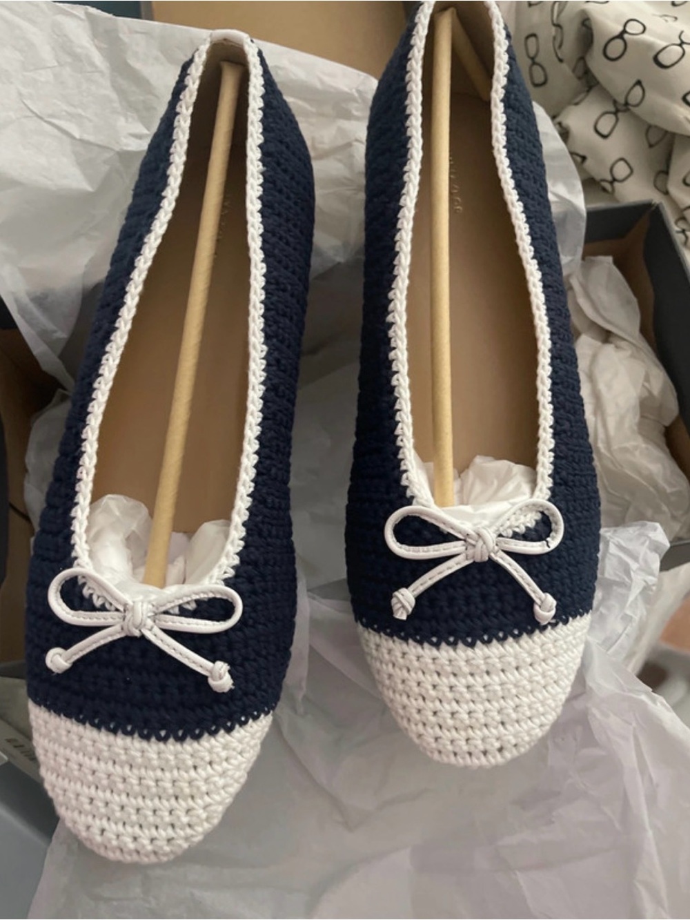 Women’s Navy and White Crochet Slip-On Moccasins